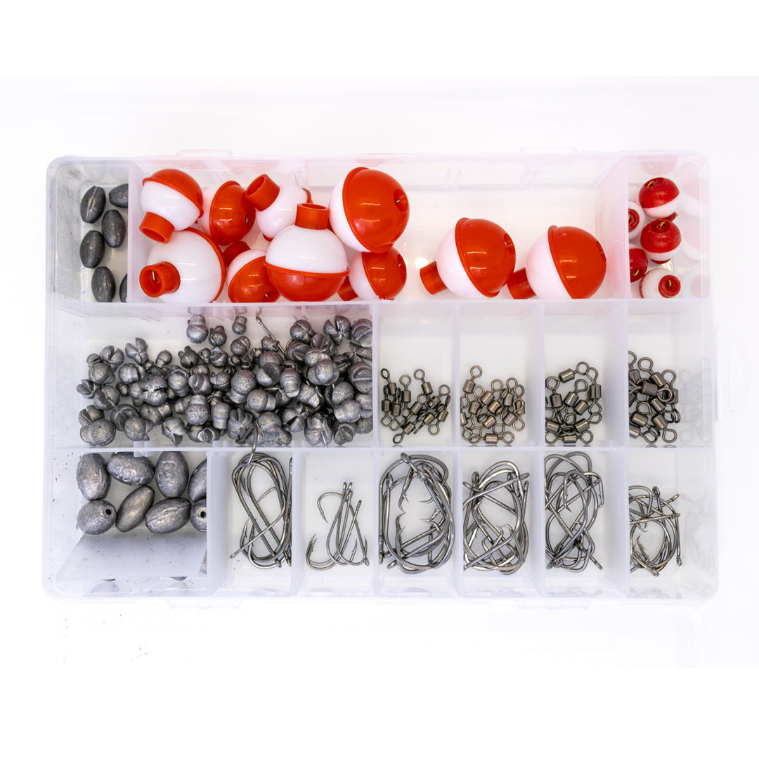 buy in bulk fishing hooks sinkers bobbers swivels Live Bait & Fishing Kit – 222 pcs – Rite Angler